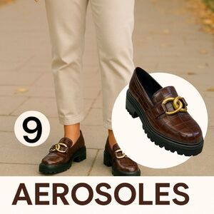 Aerosoles Women's Croc Print Lilia Leather Block Heel Loafer Shoes Brown Size 9M